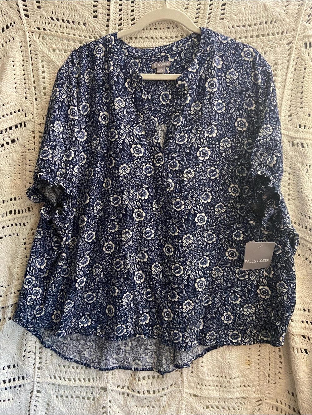 Falls Creek Navy and White Floral Peasant Blouse